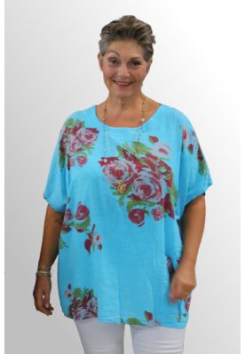 Turkis hørbluse med print, 91320DE