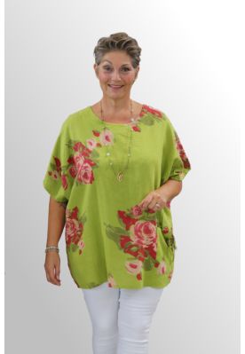 Grøn hørbluse med print, 91320DE