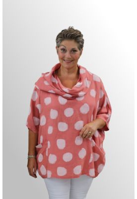 Teglfarvet dot poncho hør bluse med krave, Ronja
