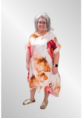 Hvid kjole med rød/orange blomster, 090017-7-2