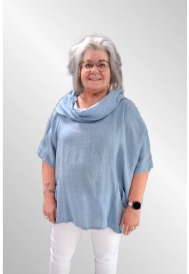 Lyseblå poncho hør bluse med krave, Ronja