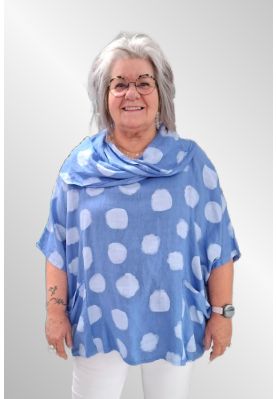 Blå dot poncho hør bluse med krave, Ronja