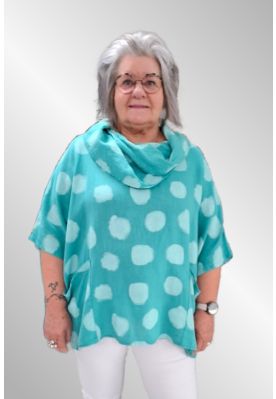 Turkis grøn dot poncho hør bluse med krave, Ronja